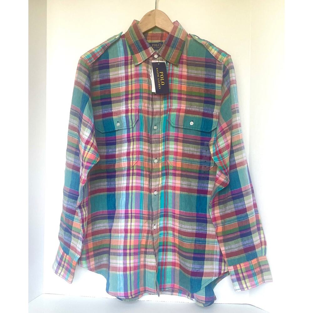 Polo Ralph Lauren Womens Blue Plaid Linen Button-Up Shirt Long Sleeve M